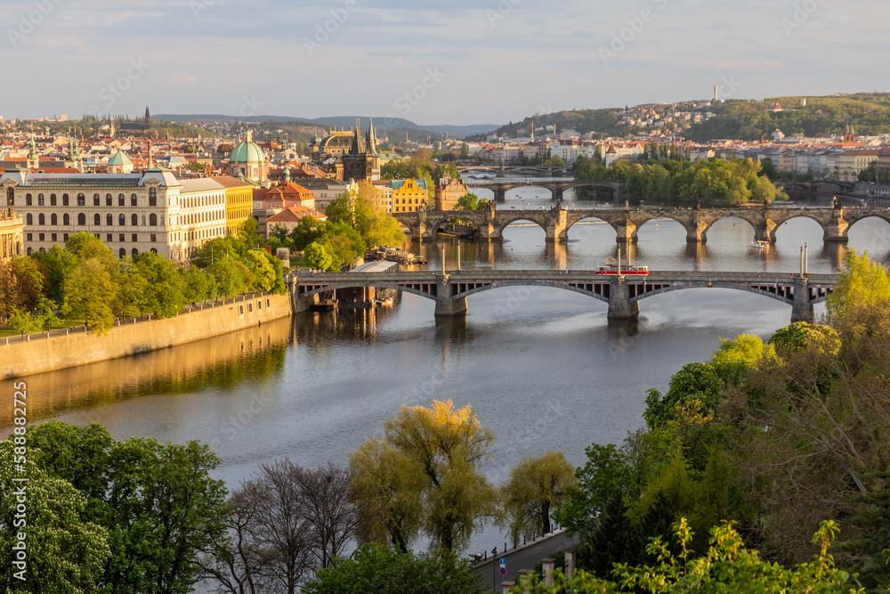 Aerial view of bridges in Prague, Czech Republic