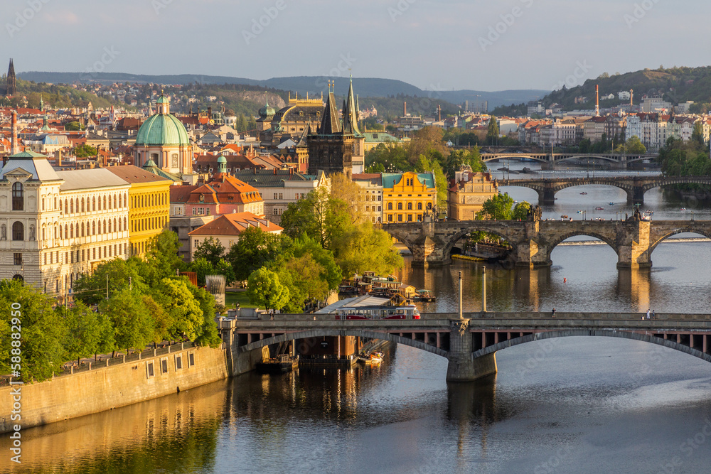Aerial view of bridges in Prague, Czech Republic