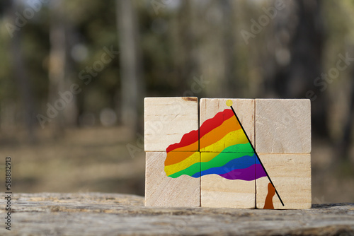 Person holding a lgbt community flag over some wooden cubes © Peludis