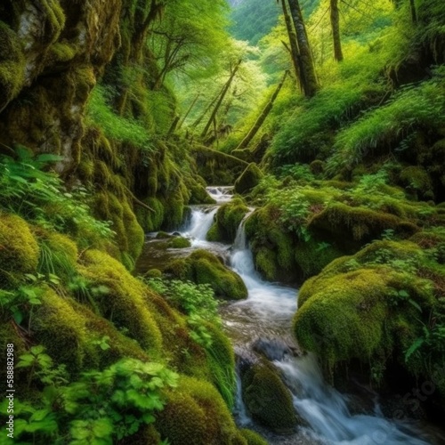  beautiful nature, waterfall, mountain river, beautiful trees, mosses.