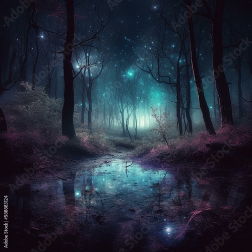 Mystical forest scene at night as digital art Generative AI © Julia