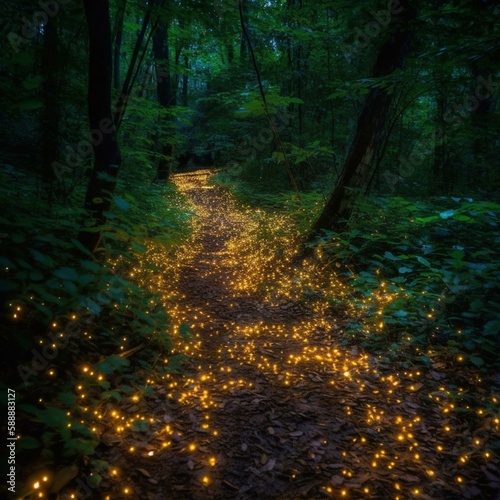 Forest path with glowing fireflies Generative AI