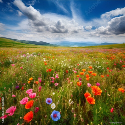                                                                  - field with various wildflowers                                               - stunning landscape                - beauty                - brightness            - flowers                - sha Generative AI