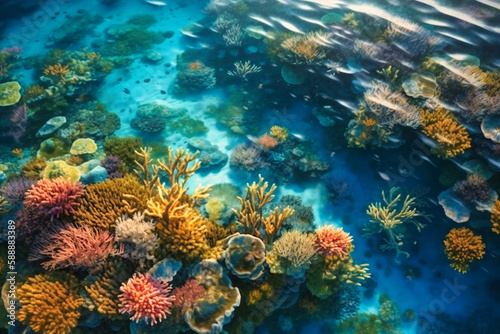 The summer aerial view showcases the vibrant blues and greens of coral reefs and lagoons