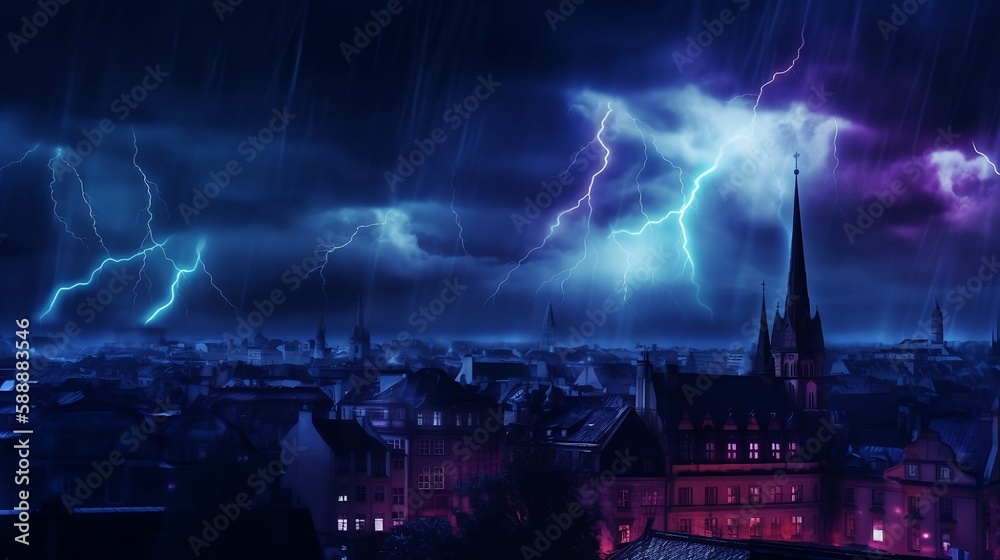 Gloomy gothic city with vibrant blue and purple lightining storm Gloomy gothic city with vibrant blue and purple lightining storm