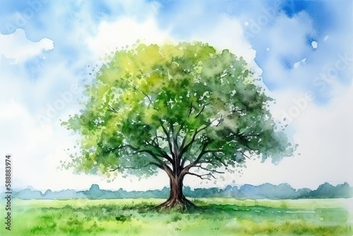Majestic tree in the middle of a lush meadow with a clear blue sky above. Watercolor Painting. Generative AI