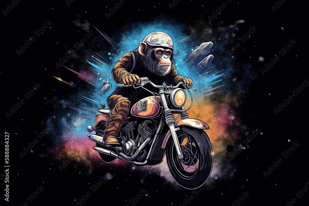 Illustration of a monkey riding a motorbike in cosmos. Space exploration program. Generative AI