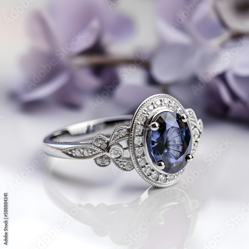 engagement ring in white gold with an oval sapphire solitaire and a halo with small diamonds, fashion, art deco