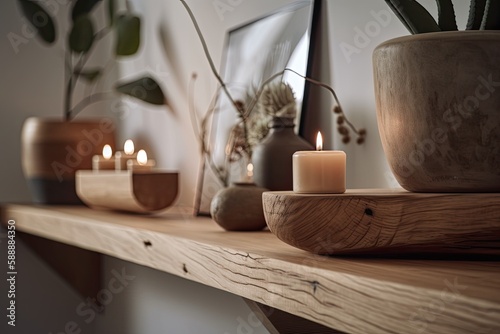 Candle on wooden shelf in a home. Generative AI