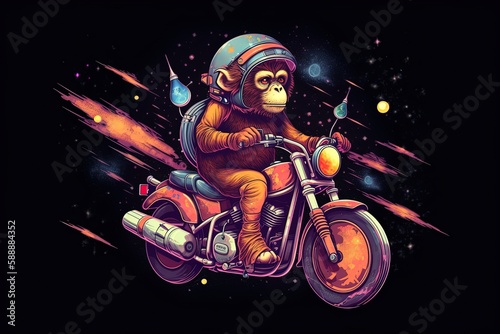 Illustration of a monkey riding a motorbike in cosmos. Space exploration program. Generative AI