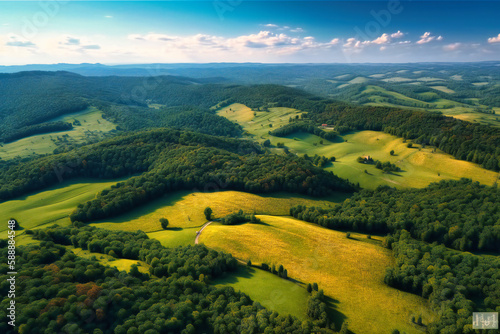 The summer aerial view captures the beauty of rolling hills, farmland, and forests all in one stunning image