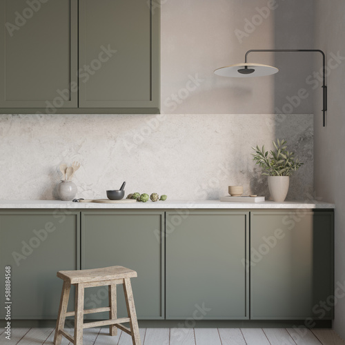 Fototapeta Naklejka Na Ścianę i Meble -  Country style green kitchen design , 3d rendering