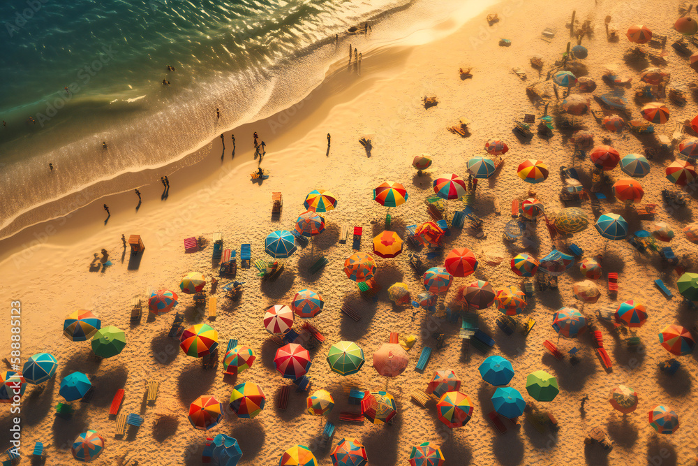 The colorful beach umbrellas and sunbathers on the sandy shores are a playful sight from an aerial view in the summer The colorful beach umbrellas and sunbathers on the sandy shores are a playful sight from an aerial view in the summer