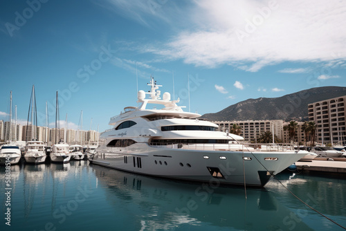 Luxury yacht in marina with blue sky and buildings around