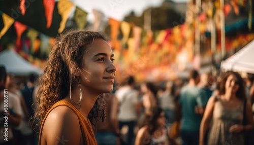 Someone enjoying a summer festival with crowds of people and colorful decorations. Generative AI