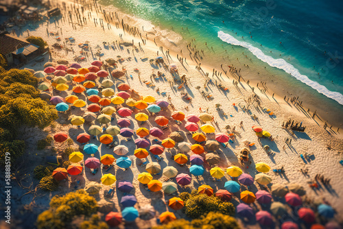 The colorful beach umbrellas and sunbathers on the sandy shores are a playful sight from an aerial view in the summer