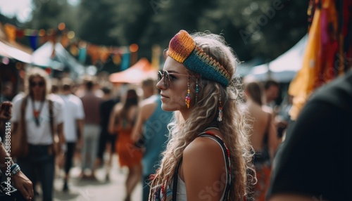 Someone enjoying a summer festival with crowds of people and colorful decorations. Generative AI