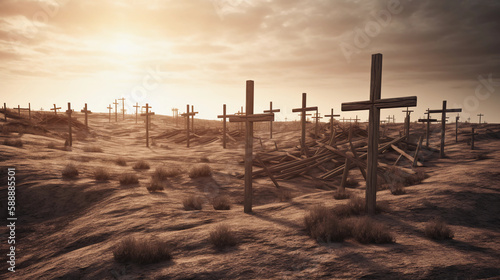Christian crosses of Jesus on a landscape , generative ai
