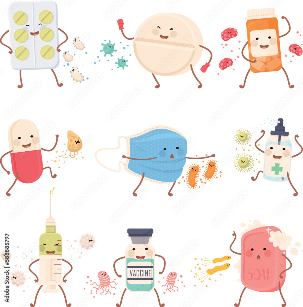 Medicine Fighting Virus and Bacteria Engaged in Immune Protection Vector Set Medicine Fighting Virus and Bacteria Engaged in Immune Protection Vector Set