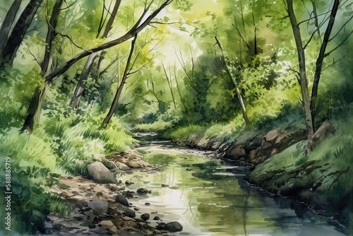 Tranquil forest stream running through a grove of trees. Watercolor Painting. Generative AI