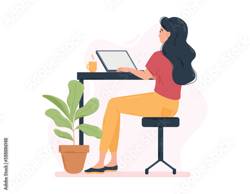 Young woman working on a laptop at the desktop with a cup of tea or coffee. Freelancer or study concept. Vector cute flat illustration.