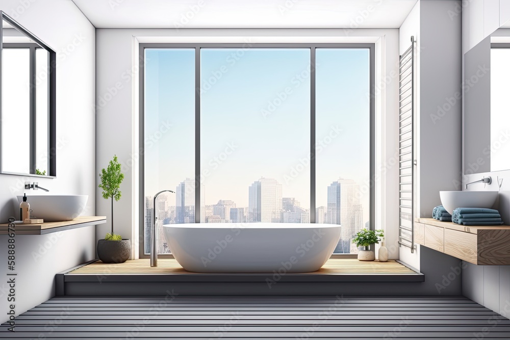 modern bathroom with a freestanding tub and a large window. Generative AI