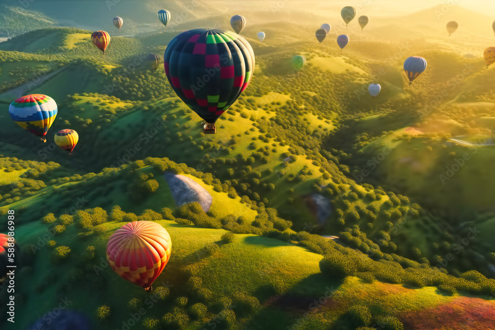 Φωτογραφία The vibrant colors of hot air balloons rising over rolling green hills are a pla