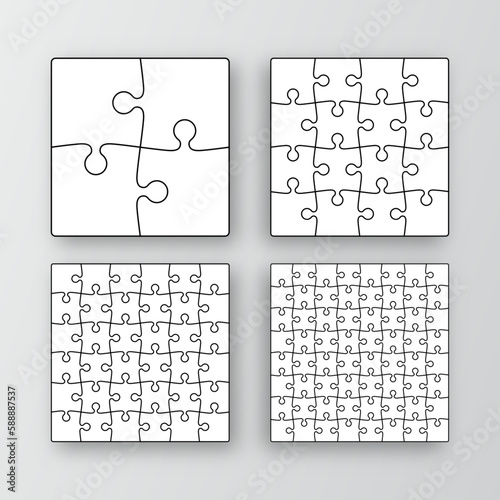 Puzzle grid set. Collection of different sizes jigsaw outline templates. Simple mosaic layout with separate shapes. Modern background. Puzzle laser cut frames. Vector illustration.
