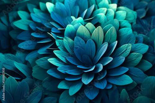 A bold and graphic pattern of abstract leaves and petals in bold shades of blue and green