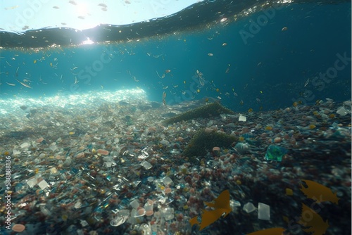 The ocean full of plastic pollution, micro plastics and fish photo