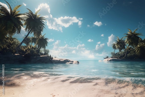 View of the ocean and palm trees, travel concept, vacation, vacation, polaroid effect, beautiful beach. generative ai