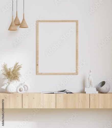 big white living room.interior design,wooden long sideboard,frame for mock up and copy space