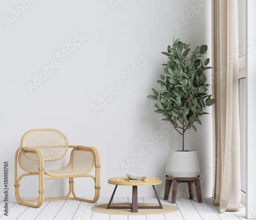 Big white living room,ratten chair,tree,empty wall for mock up and copy space