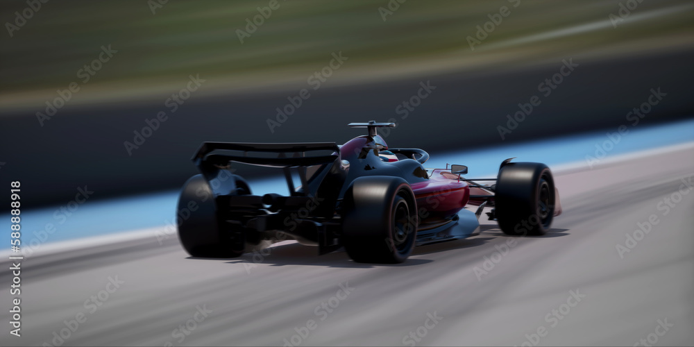 Tracking long lens shot of red modern generic sports racing car driving fast on a track. Realistic 3d rendering