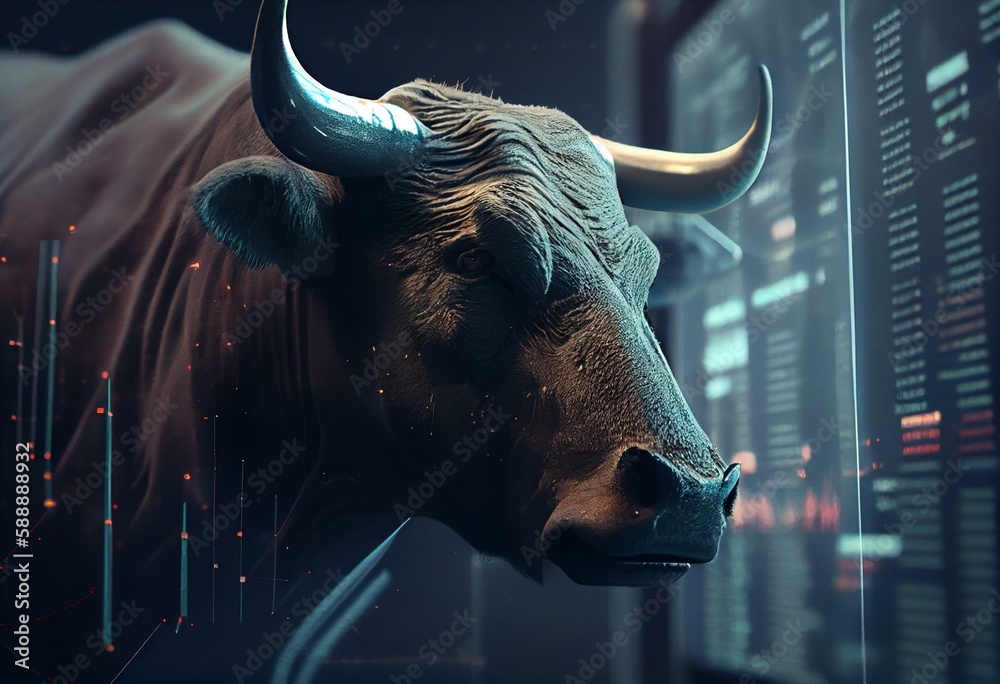 Bull market. Bull staring at a bullish stock chart. Created with Generative AI - obrazy, fototapety, plakaty 