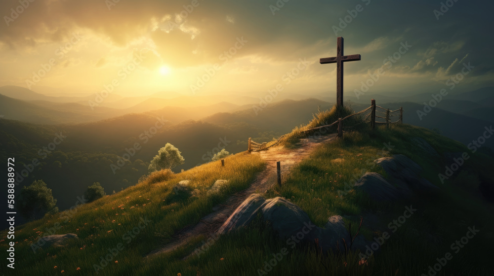Passion Week Cross Stands on a Hill at Sunset, created with Generative Al technology Passion Week Cross Stands on a Hill at Sunset, created with Generative Al technology