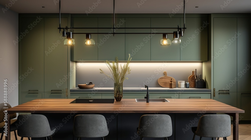 Fotografie Modern kitchen with pale olive and wooden elements