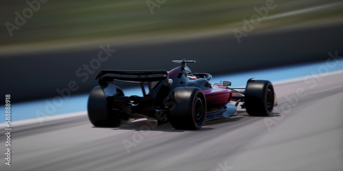 Tracking long lens shot of red modern generic sports racing car driving fast on a track. Realistic 3d rendering