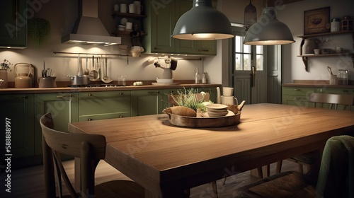 Modern kitchen with pale olive and wooden elements