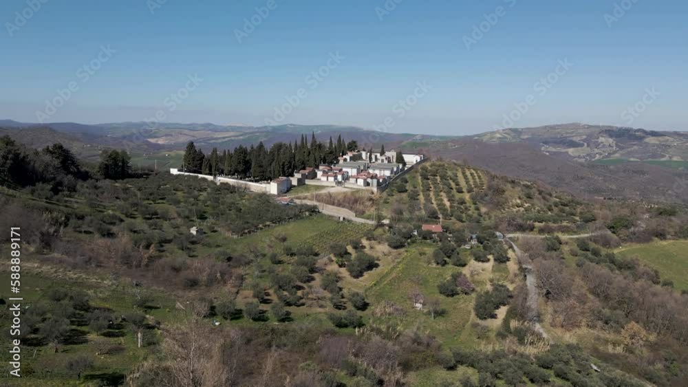 Aerial view of Pietragalla cemetery on hilltop, Potenza, Basilicata, Italy. Aerial view of Pietragalla cemetery on hilltop, Potenza, Basilicata, Italy.