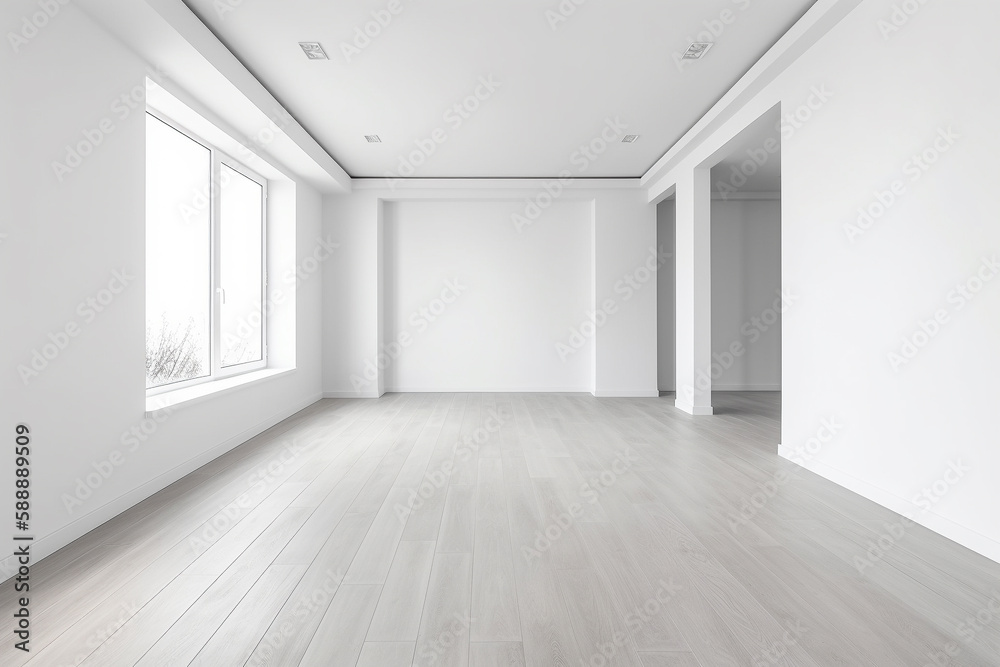 Modern minimalist scandinavian interior with a big empty wall - mockup design. Illustration. Generative AI Modern minimalist scandinavian interior with a big empty wall - mockup design. Illustration. Generative AI