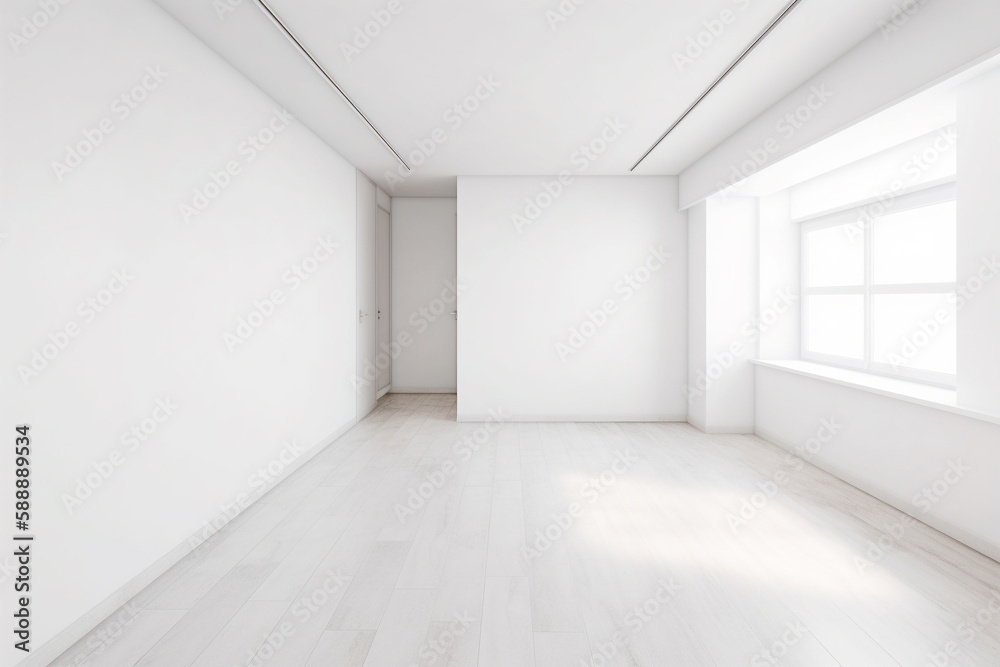 Obraz premium Modern minimalist scandinavian interior with a big empty wall - mockup design. Illustration. Generative AI