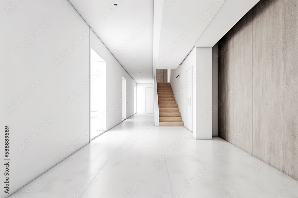 Modern minimalist scandinavian interior with a big empty wall - mockup design. Illustration. Generative AI