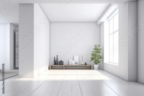 Modern minimalist scandinavian interior with a big empty wall - mockup design. Illustration. Generative AI