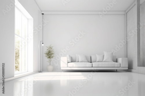 Modern minimalist scandinavian interior with a big empty wall - mockup design. Illustration. Generative AI