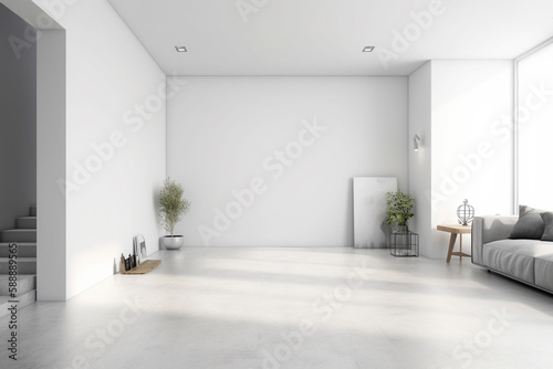 Modern minimalist scandinavian interior with a big empty wall - mockup design. Illustration. Generative AI