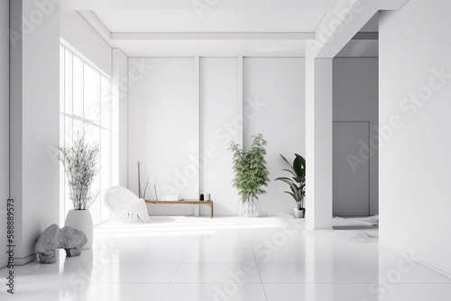 Modern minimalist scandinavian interior with a big empty wall - mockup design. Illustration. Generative AI