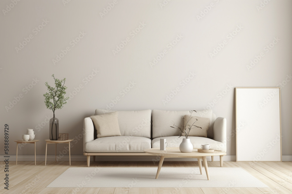 Modern minimalist scandinavian interior with a big empty wall - mockup design. Illustration. Generative AI Modern minimalist scandinavian interior with a big empty wall - mockup design. Illustration. Generative AI
