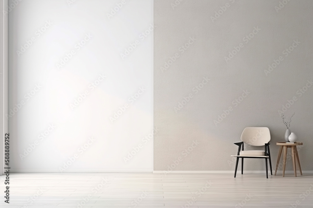 Modern minimalist scandinavian interior with a big empty wall - mockup design. Illustration. Generative AI Modern minimalist scandinavian interior with a big empty wall - mockup design. Illustration. Generative AI