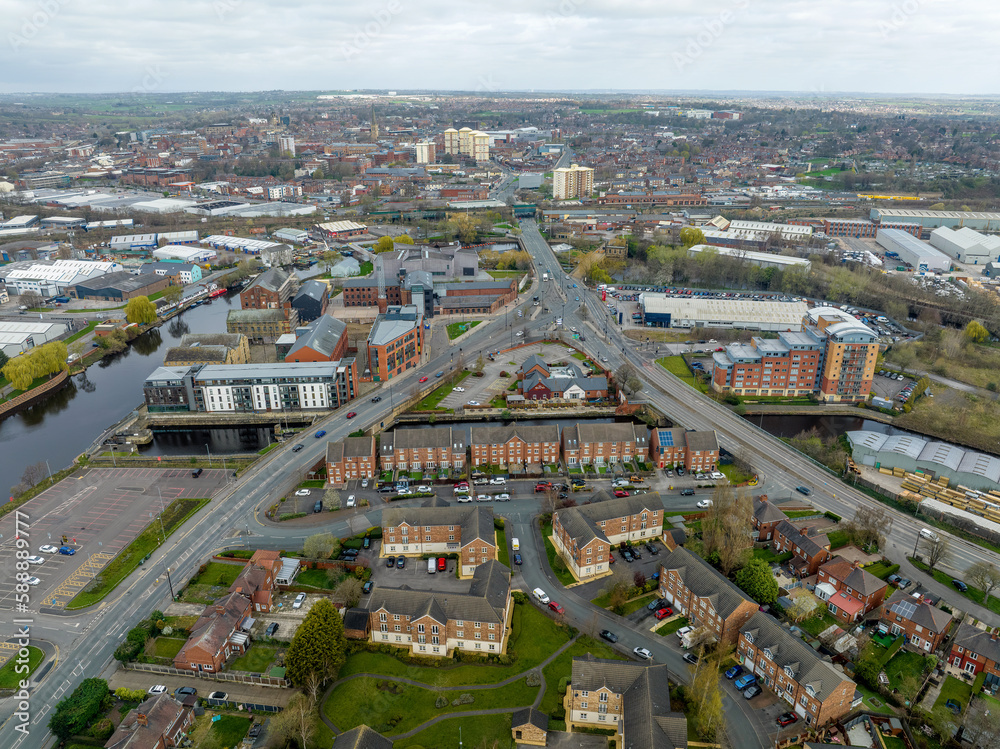 Wakefield, West Yorkshire, England, April 2nd 2023. Wakefield City Centre West Yorkshire. City of Wakefield showing the Hepworth Gallery, River Calder and Chantry Bridge Aerial View